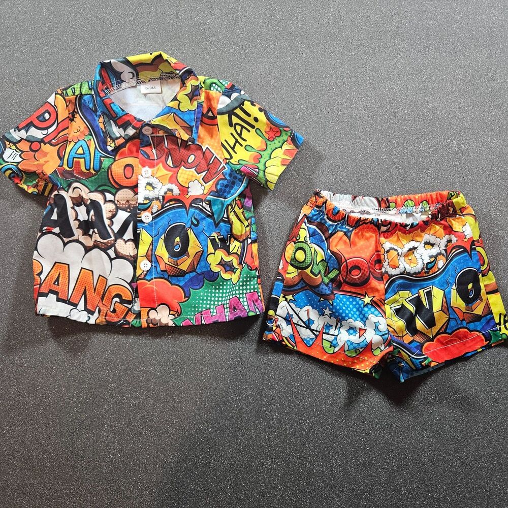 Toddler Comic Print Outfit Set 6-9M Button Shirt Shorts Pop Art